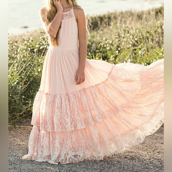 NWT JOYFOLIE Catrin Dress Shell Blush Pink Layered Lace Boho Maxi